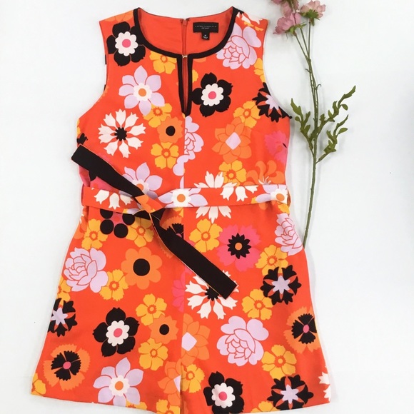 Victoria Beckham Retro Orange Tropical Floral Print Tie-Waist Romper - Picture 2 of 12